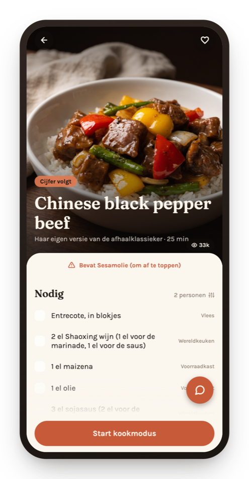Het volledige receptscherm van Chinese black pepper beef in de app