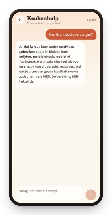 De keukenhulp met een vraag over black pepper beef en het antwoord erop