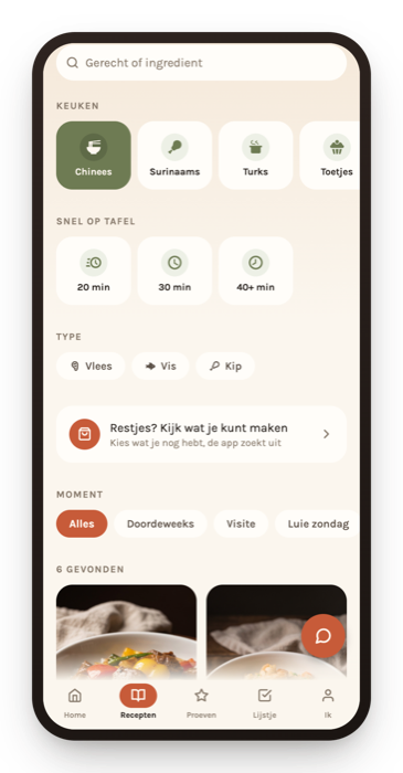 Het receptenscherm met filters, gefilterd op Chinees