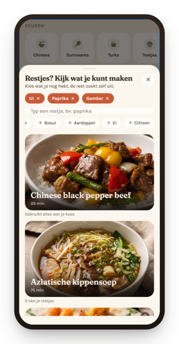 Het restjespaneel met ui, paprika en gember gekozen, black pepper beef als beste match